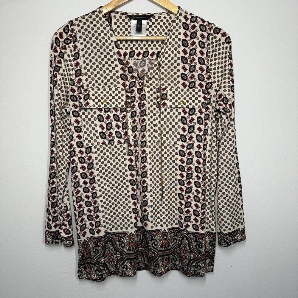 BCBGMAXAZRIA Paisley Blouse boho lace-up v-neck top small gold chain